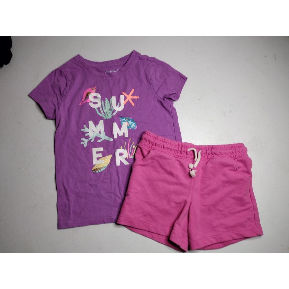 Cat & Jack Girls Purple Summer Graphic Tee and Pink Shorts Set Size XS‎ 4/5